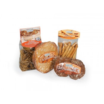 Produkte mit Roggenmehl: Schüttelbrot-Fettuccine, Schüttelbrot, Schüttelbrot-Grissini und Vinschger'l