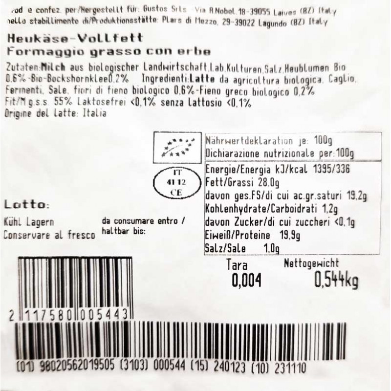 Heublumenkäse. Biologisch - 550 gr