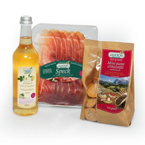 Holunderblüten-Sirup, Speckscheiben und Mini Schüttelbrot